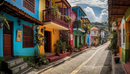Fototapeta na wymiar Vibrant colored Caribbean building exterior with flower pot generated by AI