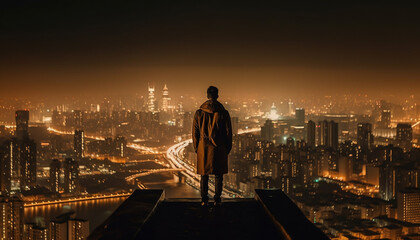 Fototapeta premium Young businessman standing on skyscraper roof, success generated by AI