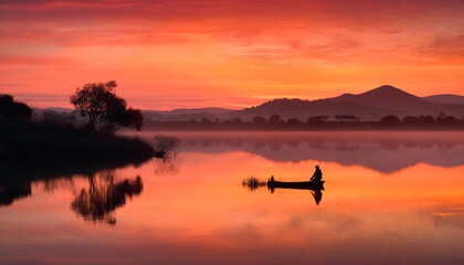 Silhouette of fisherman rowing in tranquil pond generated by AI