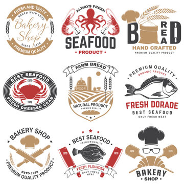 Set of Bakery and seafood badges. Vector. For emblem, sign, patch, shirt, menu restaurants with rolling pin, windmill, wheat ears, tuna, trout, shrimp, octopus crab mussels and clams.