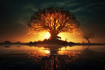 Mystical Twilight: Dramatic Clouds Surrounding a Magical Tree. Generative AI