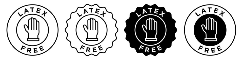 latex free icon. Vector badge collection of latex allergic protection sign. Non Latex  material product gloves seal emblem. No rubber hand finger care circle stamp symbol set - obrazy, fototapety, plakaty