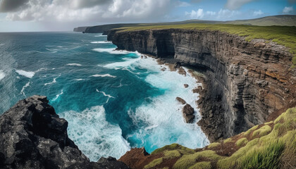 Fototapeta na wymiar Majestic coastline, eroded rock, waves crash below generated by AI