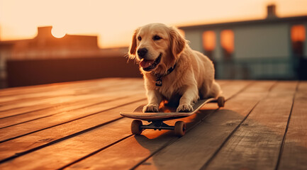 golden retriever dog on a skateboard at sunset. skateboarding dog  © Viks_jin