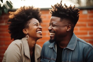 Black couple in their 30's laughing and talking together outdoors