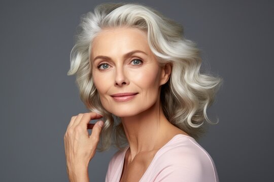 Beautiful gorgeous 50s mid aged mature woman looking at camera isolated on Gray. Mature old lady close up portrait. Healthy face skin care beauty, middle age skincare cosmetics