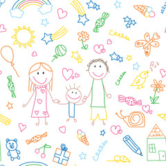 Seamless pattern of children's elements. Colorful funny doodle with kids drawings. Cartoon background