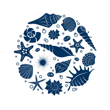 recommend clip art: Circle from seashells. Blue silhouette of a shell. Summer background from marine elements