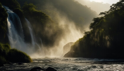 Majestic mountain cliff, rapid flowing water spray generated by AI