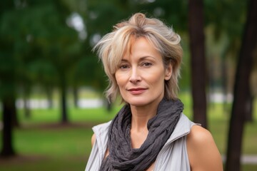 Attractive sexy mature blond woman posing in a park looking at the camera