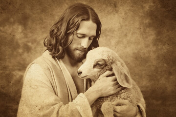Shepherd Jesus Christ Taking Care of One Missing Lamb. Old Antique Parchment Painting Texture