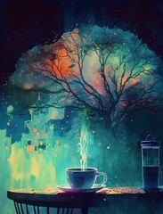 vertical conceptual illustration of a dreamy coffee shop trees and city background