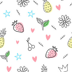 Seamless pattern strawberry, pineapple, hearts, summer doodle symbols