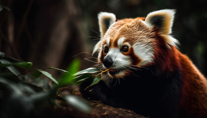 Fototapeta premium Fluffy red panda eating bamboo in forest generated by AI