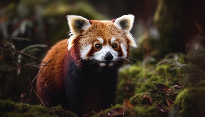 Fototapeta premium Cute red panda sitting on branch, playful generated by AI
