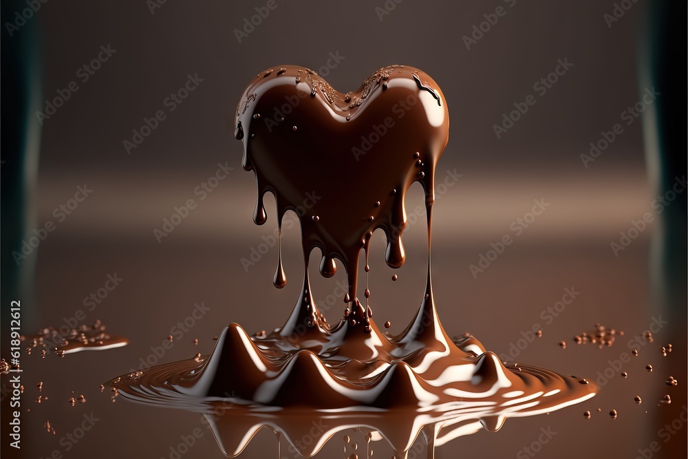 Aufkleber a heart shaped chocolate liquid splashing into a puddle of chocolate on a brown background with a re