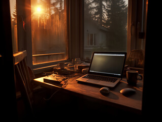 Home work place with laptop near window on sunset or sunrise AI generated