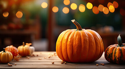 Close up of a beautiful pumpkin on a rustic porch in autumn