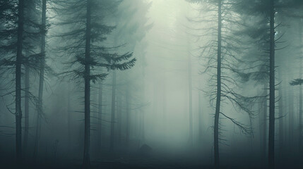 Fog covered trees in a forest with fog on top, forest background