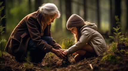 an old grandmother and a little girl are planting a tree at the edge of the forest,AI generated