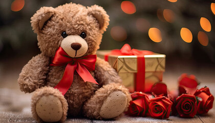 Toy bear with a red bow, Valentine's Day Concept