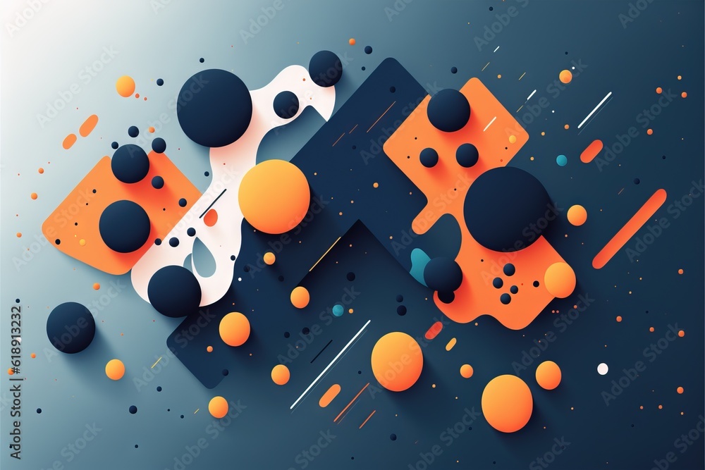 Poster an abstract background with orange and black shapes and dots on a blue background with a blue backgr