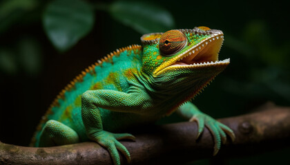 Fototapeta premium Multi colored gecko perched on green leaf generated by AI
