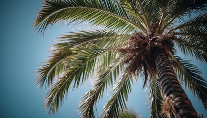 Naklejka na ściany i meble Tropical climate, blue skies, palm trees sway generated by AI