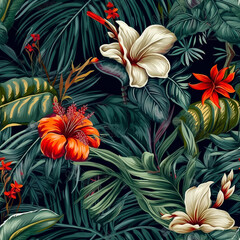 Seamless pattern with bright multi-colored flowers and leaves on a dark background. AI generated.