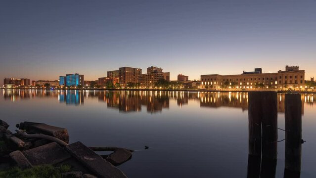 Wilmington, North Carolina, USA downtown city skyline on the Cape Fear River at night