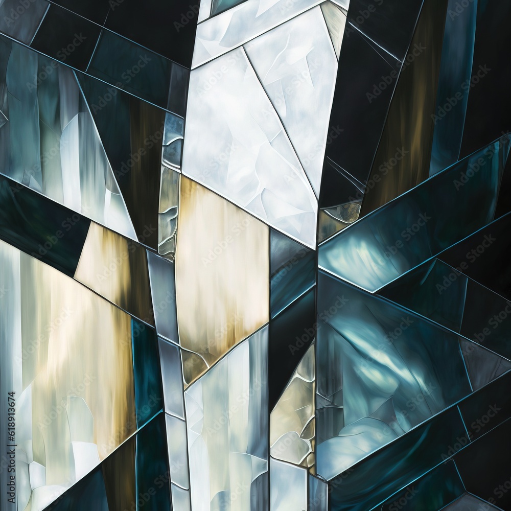 Poster a painting of a black and white abstract background with gold and silver squares and rectangles of v