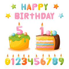 A piece of cake and a cake with candles in the form of numbers and a colorful inscription happy birthday.
