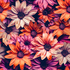 Seamless pattern of large red and pink flowers forming a dense floral carpet. AI generated.