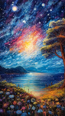Psychedelic painting of a tree by the sea, fantasy art, poster art.
