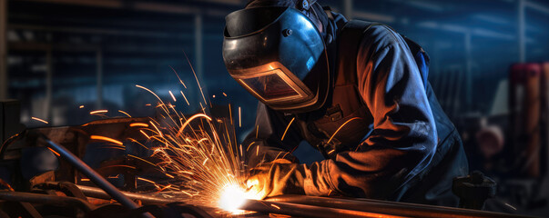 Metal welder working with arc welding machine to weld steel at factory. generative ai