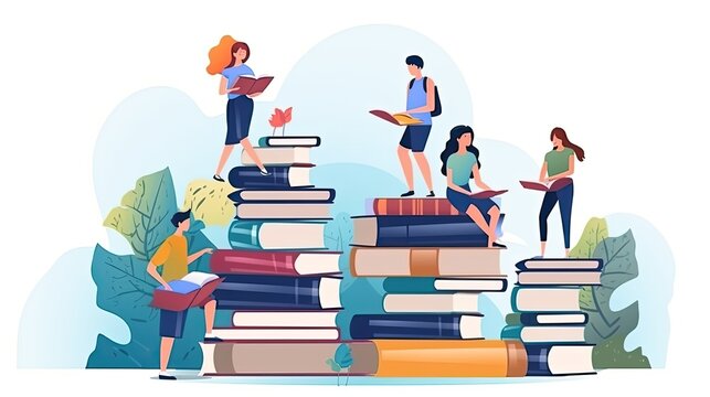 Illustration to education. Students are stacking books