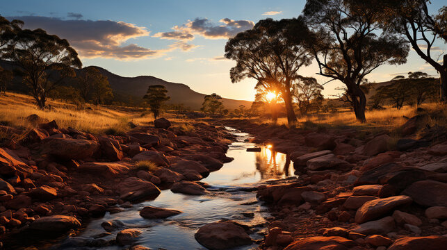 Captivating Serenity: Redgums in Flinders Ranges' Riverbed, Northern South Africa, Embracing Evening's Charm - Professional Photography in High-Resolution