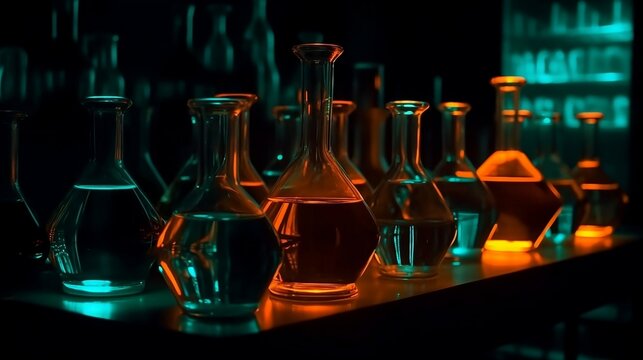 Neon, contrast flasks on the table in laboratory. luminophore. Generative AI	
