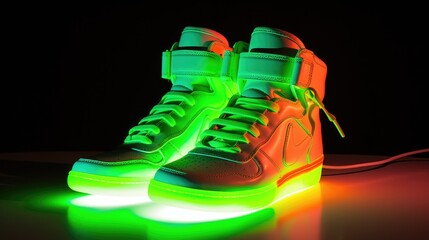 pair of boots on a black background glowing lights Neon Fleuro