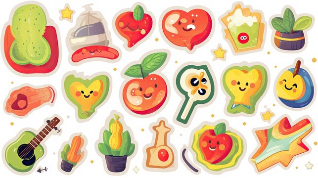 Retro cartoon stickers with funny comic characters vegetables and fruits