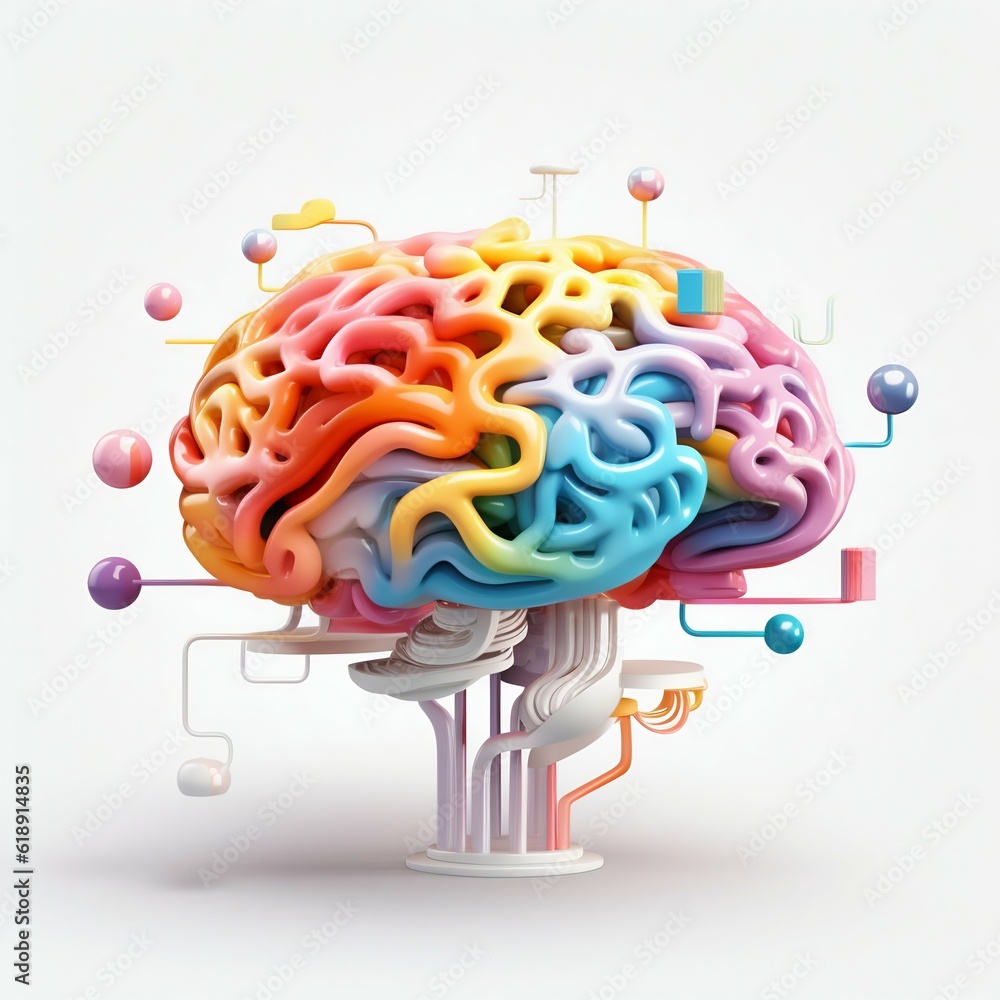 Poster 3d colourful brain ui on white background. generative ai