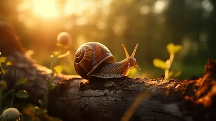 Fotobehang A snail with a house on a tree branch © Migma_Agency