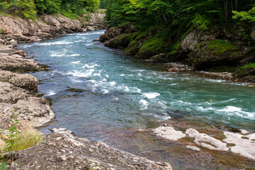 the beginning of autumn, nature walks, a mountain river and a panoramic view of the mountains, hiking trails and recreation in the mountains.*