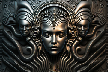 metallic fantasy portrait, mayan relief ornament, symmetrical alien wall design, generative ai