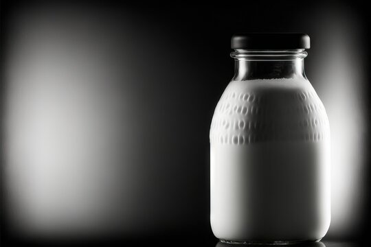 a glass bottle of milk on a black surface with a white spot in the middle of the bottle and a white spot in the middle of the bottle of the bottle is a black background.