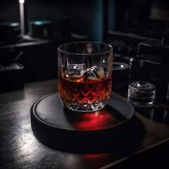 Hasselblad's Captivating Lens: Ultra-Realistic Whiskey Glass on Black Round Table, Exquisite Red Liquid and a Single Ice Cube - A Masterful Composition"




