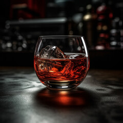 Hasselblad's Captivating Lens: Ultra-Realistic Whiskey Glass on Black Round Table, Exquisite Red Liquid and a Single Ice Cube - A Masterful Composition