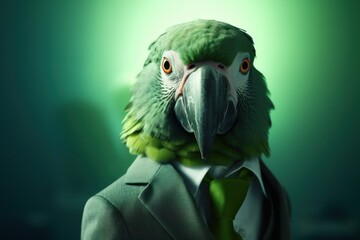 Anthropomorphic parrot dressed in a suit like a businessman. Business Concept. AI generated, human enhanced