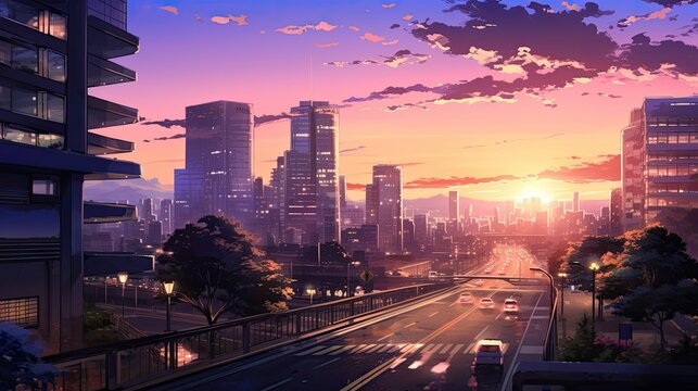  traffic in the city at sunset anime background wallpaper