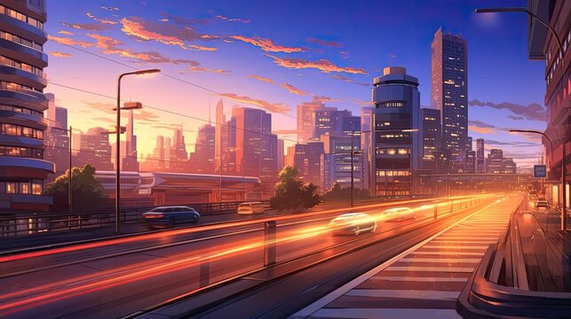  traffic in the city at sunset anime background wallpaper